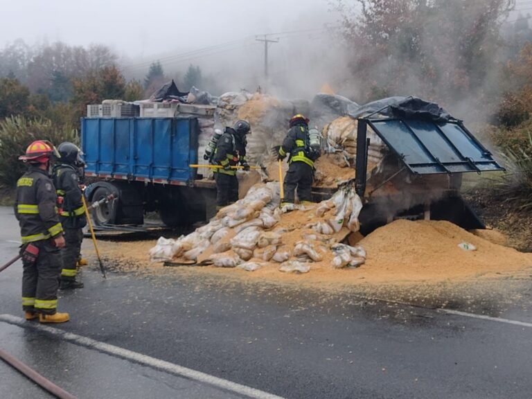 Incendio afecta a remolque de camión en Mariquina: transportaba Pellet